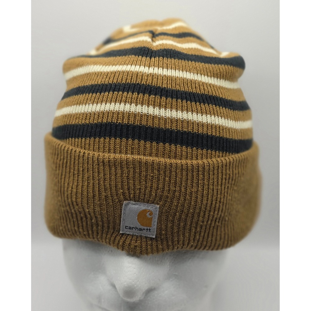 Carhartt Youth Striped Knit Beanie Hat Brown Black White CB8943 Kids Cuffed Logo